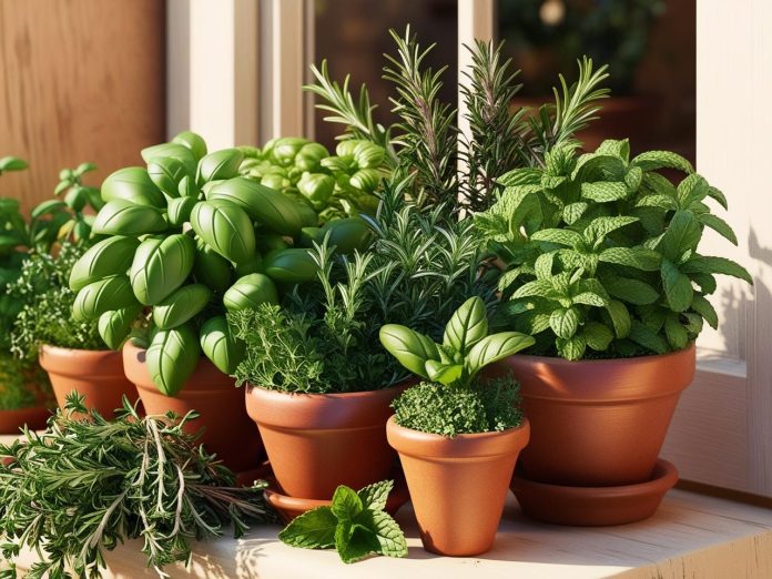 A thriving herb garden with a variety of fresh herbs like thyme, mint, and oregano in pots, showcasing the beauty and benefits of growing your own herbs at home.