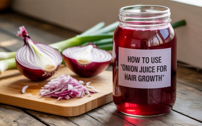 Glass jar of onion juice with chopped red onions, rosemary oil bottle, and a towel on a rustic wooden table, lit by soft natural light.